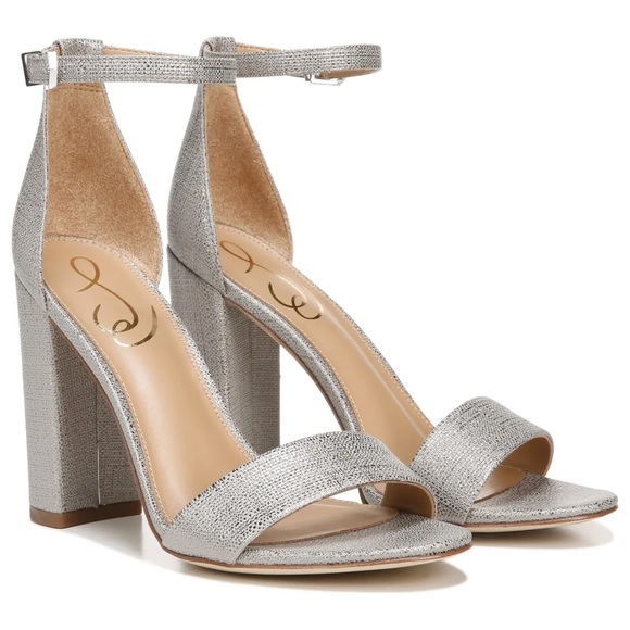 SAM EDELMAN Heels Yaro Ankle Strap Sandal Chunky Heel Metallic Pewter Silver NIB - Picture 14 of 14